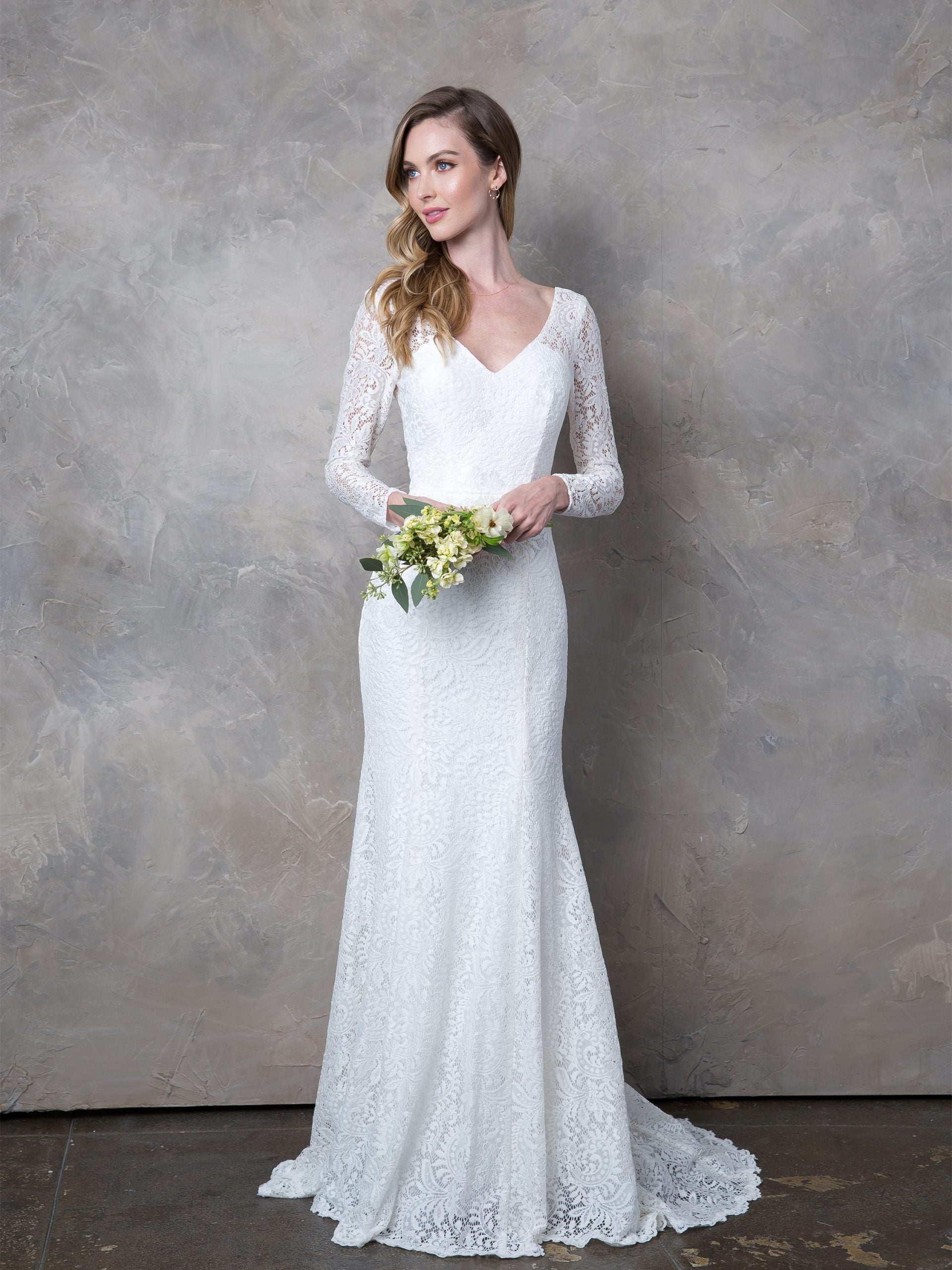 EVA USA 3407 White Ivory Lace Bridal Gown with Illusion Long Sleeves, V-Neckline, Open Back, and Sweep Train