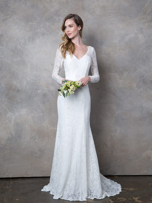 EVA USA 3407 White Ivory Lace Bridal Gown with Illusion Long Sleeves, V-Neckline, Open Back, and Sweep Train