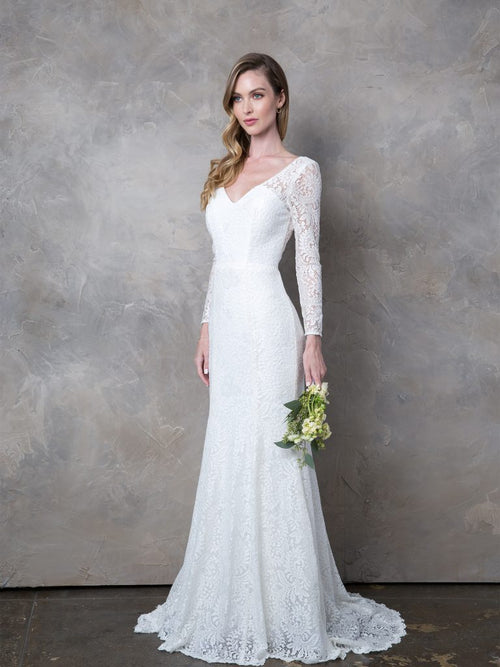 EVA USA 3407 White Ivory Lace Bridal Gown with Illusion Long Sleeves, V-Neckline, Open Back, and Sweep Train