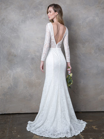EVA USA 3407 White Ivory Lace Bridal Gown with Illusion Long Sleeves, V-Neckline, Open Back, and Sweep Train