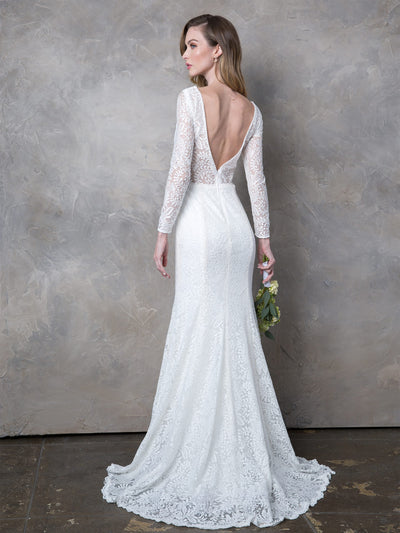 EVA USA 3407 White Ivory Lace Bridal Gown with Illusion Long Sleeves, V-Neckline, Open Back, and Sweep Train