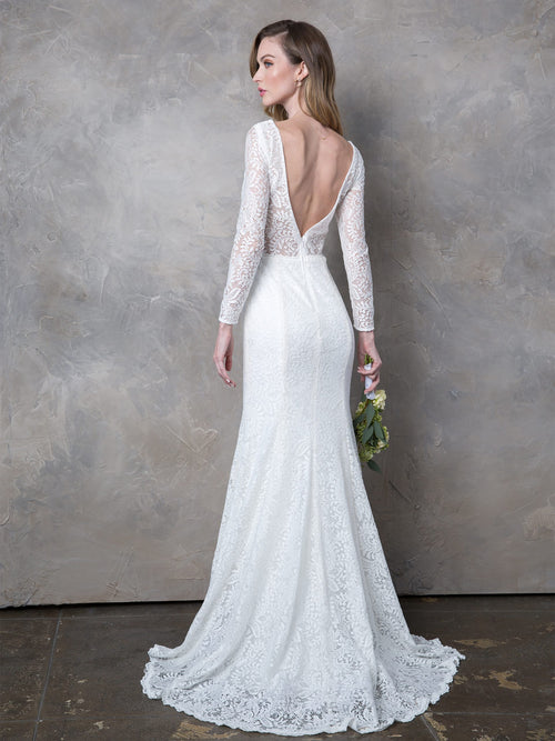 EVA USA 3407 White Ivory Lace Bridal Gown with Illusion Long Sleeves, V-Neckline, Open Back, and Sweep Train