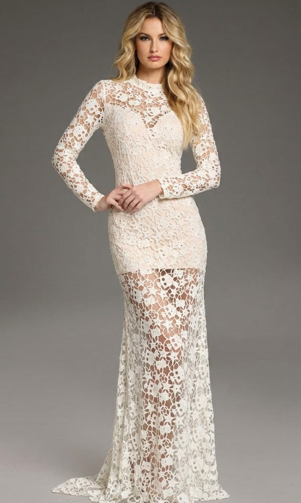 Jovani 39034 - High Neckline Floral Lace Gown
