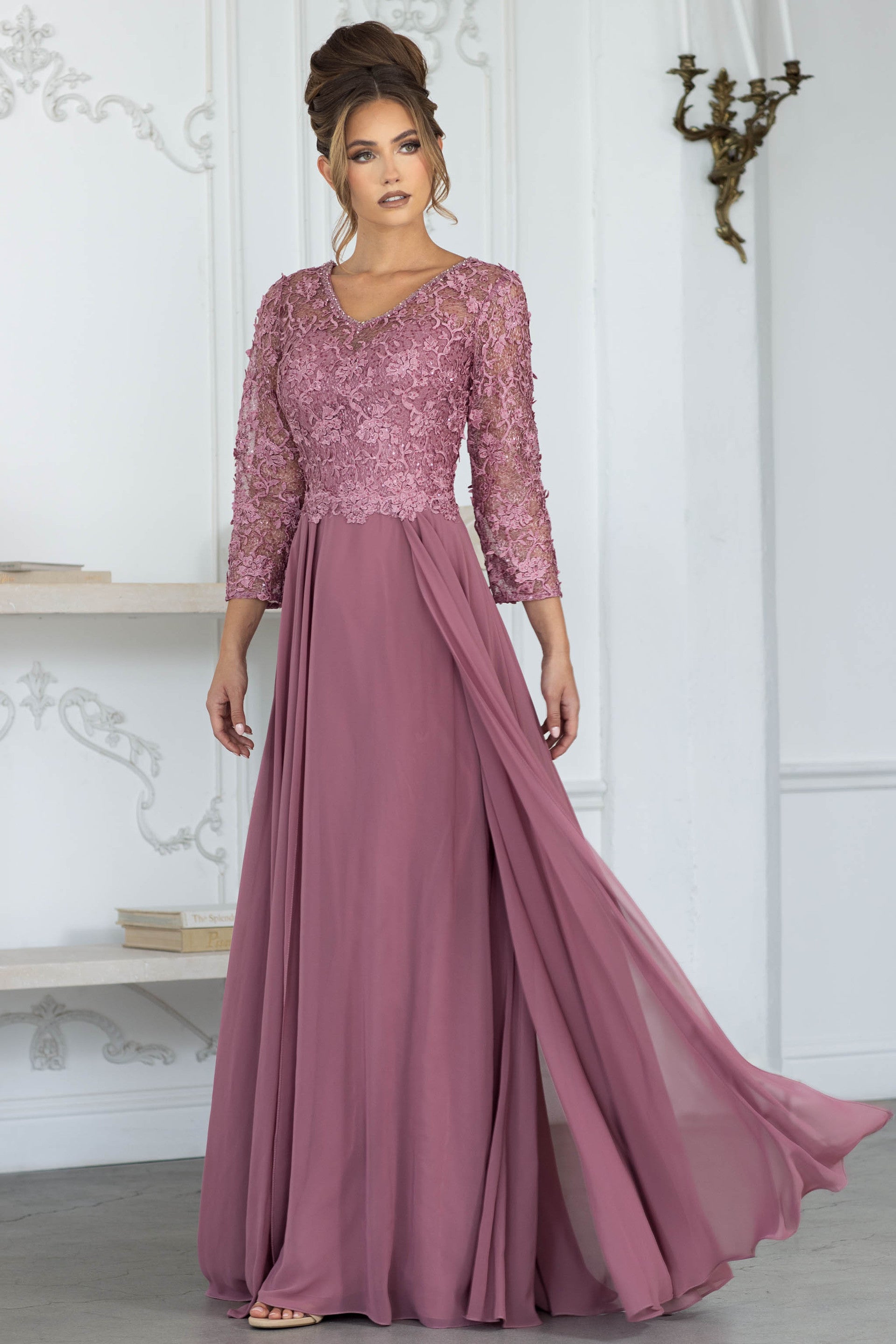 Long Formal Gown with Lace Bodice and Chiffon Skirt, 3/4 Sleeve V-Neck Dress by Lenovia 8375