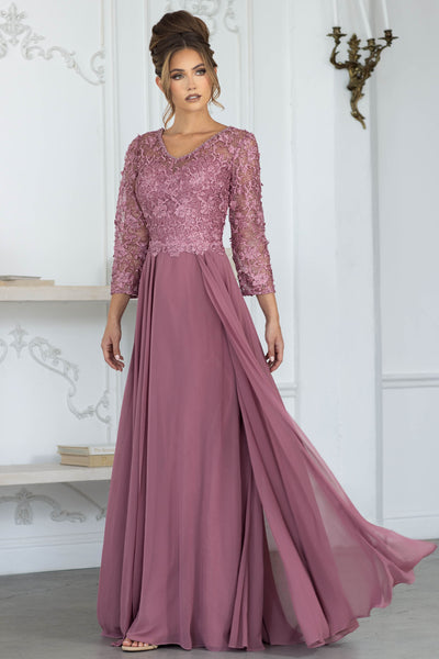 Long Formal Gown with Lace Bodice and Chiffon Skirt, 3/4 Sleeve V-Neck Dress by Lenovia 8375