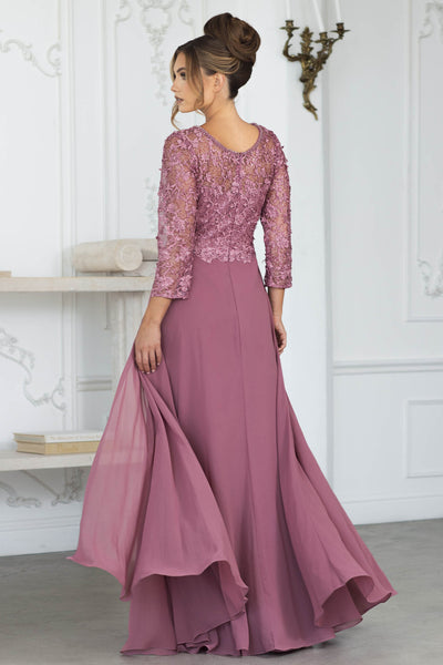 Long Formal Gown with Lace Bodice and Chiffon Skirt, 3/4 Sleeve V-Neck Dress by Lenovia 8375