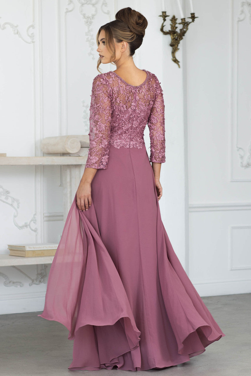 Long Formal Gown with Lace Bodice and Chiffon Skirt, 3/4 Sleeve V-Neck Dress by Lenovia 8375