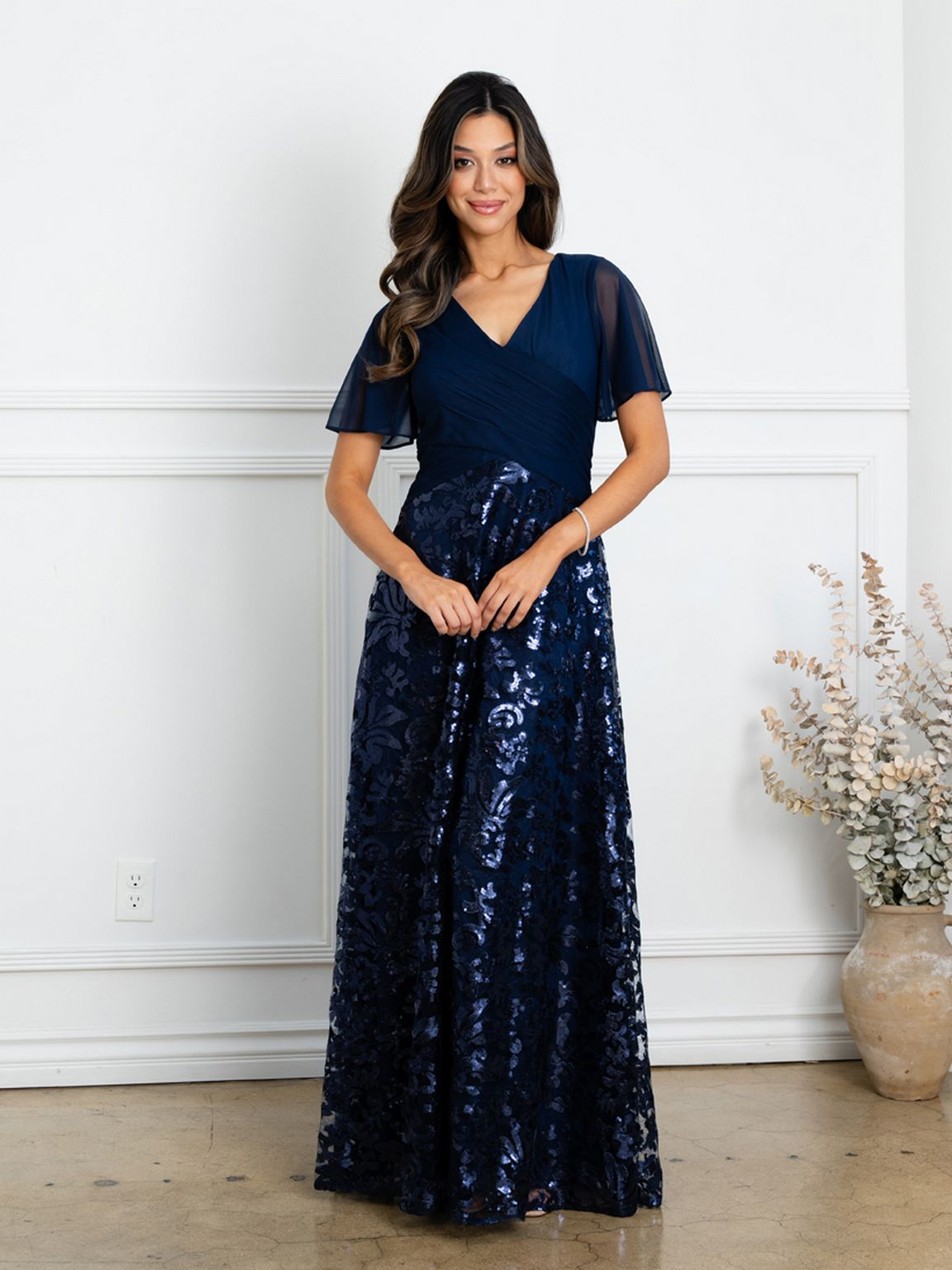 Eva USA EV3519 Full-Length Sequin Lace Dress with Structured Lining