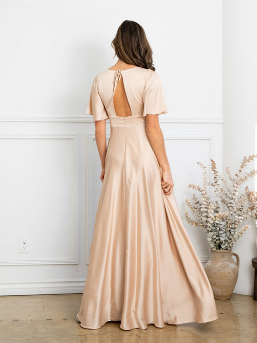 Clearance Champagne Size L A-Line Long Formal Evening Dress with V-Neck Flutter Sleeves by Eva USA EV3523