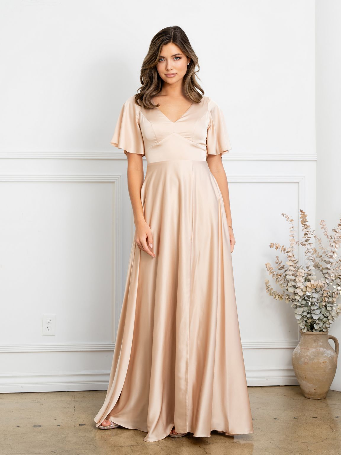 Clearance Champagne Size L A-Line Long Formal Evening Dress with V-Neck Flutter Sleeves by Eva USA EV3523