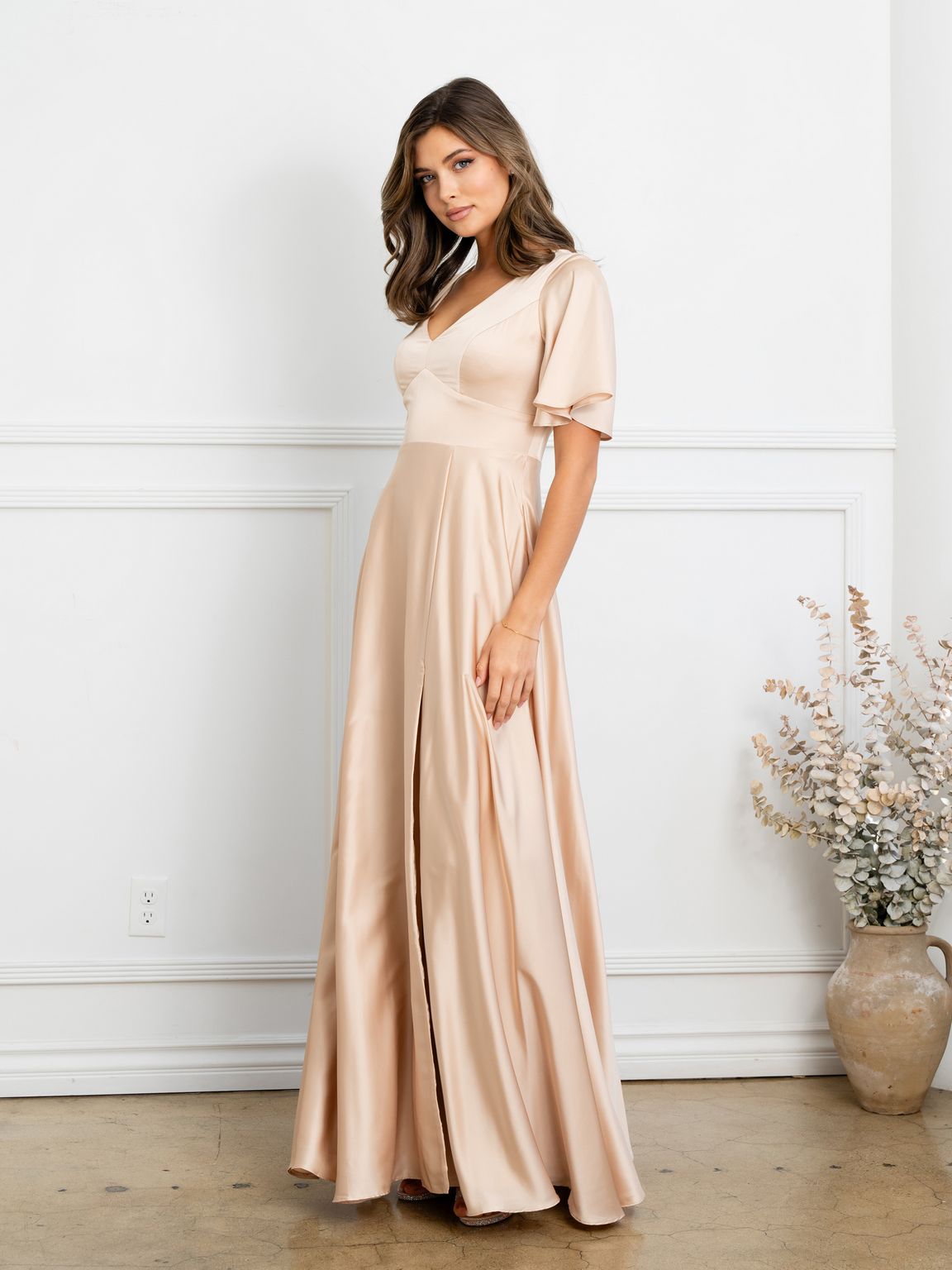 Clearance Champagne Size L A-Line Long Formal Evening Dress with V-Neck Flutter Sleeves by Eva USA EV3523
