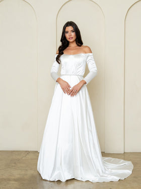 Eva Fashion EV3528 Satin A-Line Off-the-Shoulder Long Sleeve Wedding Dress with corset back