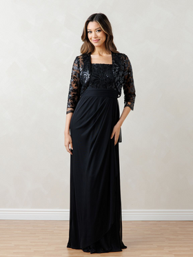 Eva USA EV3531 Sequin Lace Overlay Long Dress with Detachable Bolero