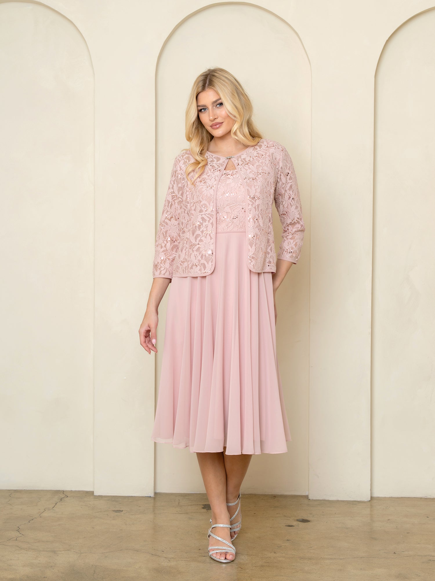 Sequin Lace Jacket Mother of the Bride Chiffon Dress with 3/4 Sleeve Jacket by Eva USA 3534