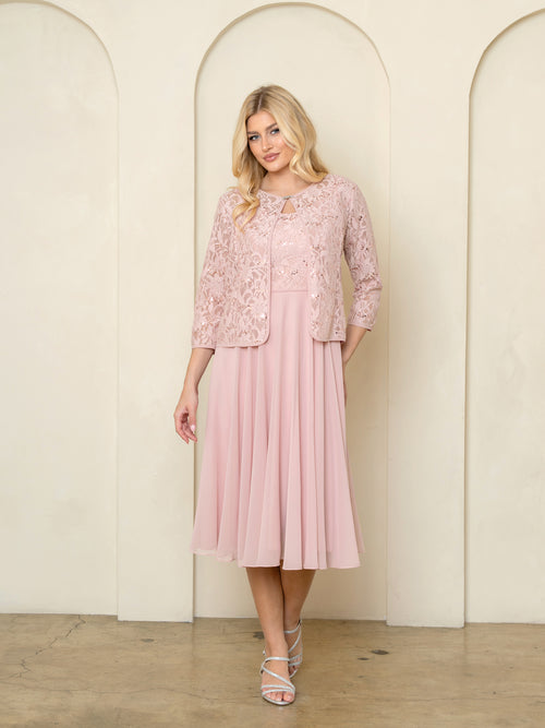 Sequin Lace Jacket Mother of the Bride Chiffon Dress with 3/4 Sleeve Jacket by Eva USA 3534