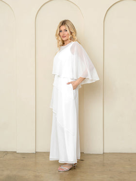 Eva Fashion EV3538 Chiffon Sheath/Column Round Neck Wedding Dress with cape detail