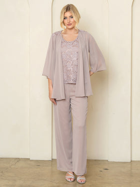 3-Piece Lace & Chiffon Pant Set Sequin Top Chiffon Jacket & Wide-Leg Pants by Eva USA 3541