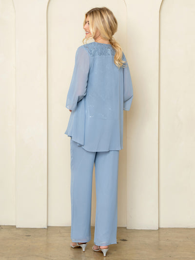 3-Piece Lace & Chiffon Pant Set Sequin Top Chiffon Jacket & Wide-Leg Pants by Eva USA 3541