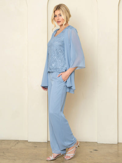 3-Piece Lace & Chiffon Pant Set Sequin Top Chiffon Jacket & Wide-Leg Pants by Eva USA 3541