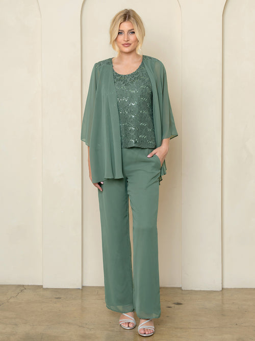 3-Piece Lace & Chiffon Pant Set Sequin Top Chiffon Jacket & Wide-Leg Pants by Eva USA 3541