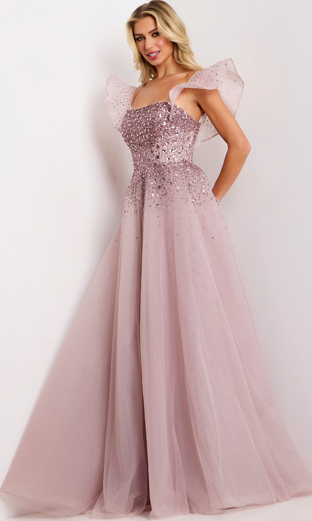 Jovani Flutter Sleeve Embellished Gown