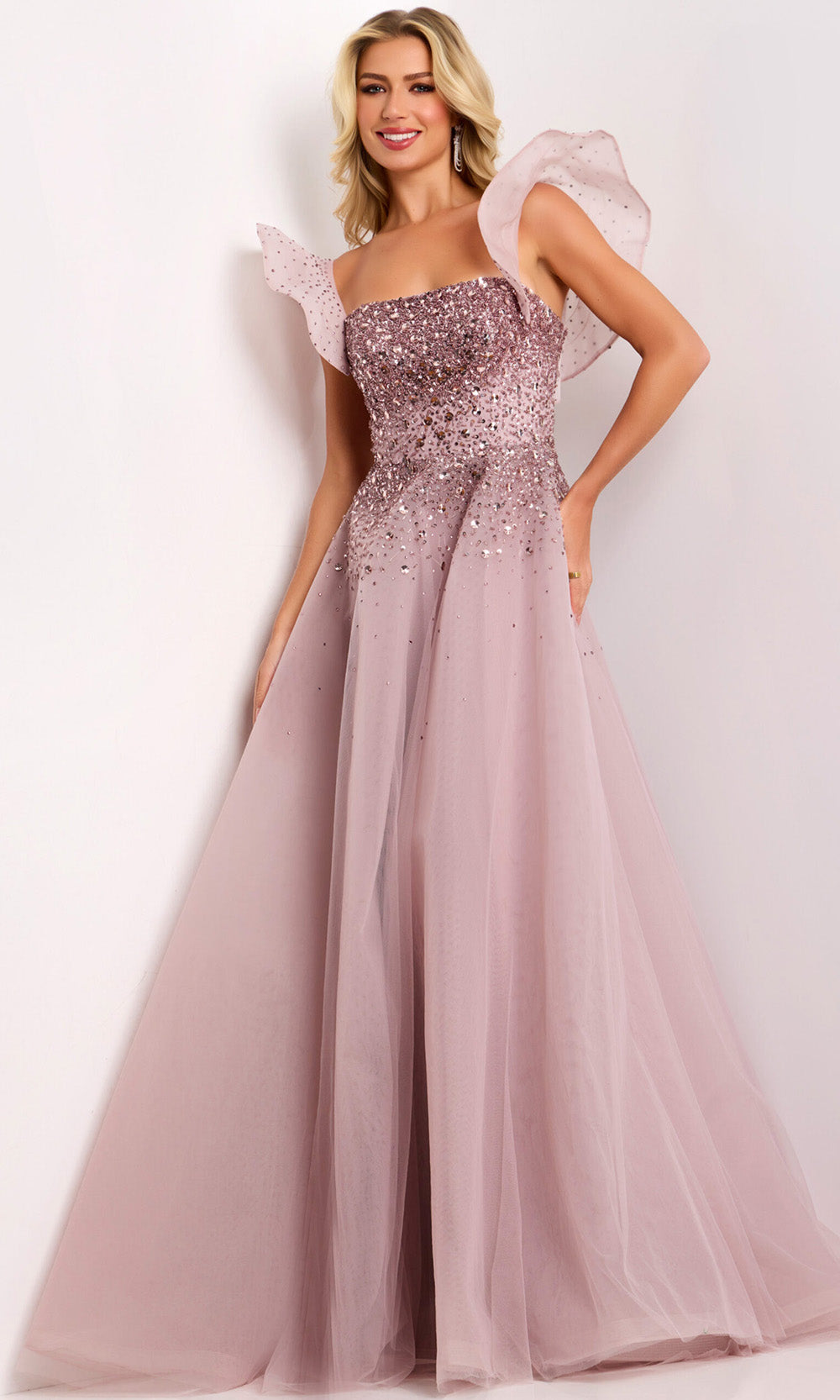 Jovani Flutter Sleeve Embellished Gown
