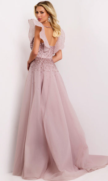 Jovani 37423 - Flutter Sleeve Embellished A-Line Gown
