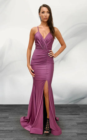 Jessica Angel JA374 V-Neck Spaghetti Strap Fitted High Slit Ruched Jersey Dress