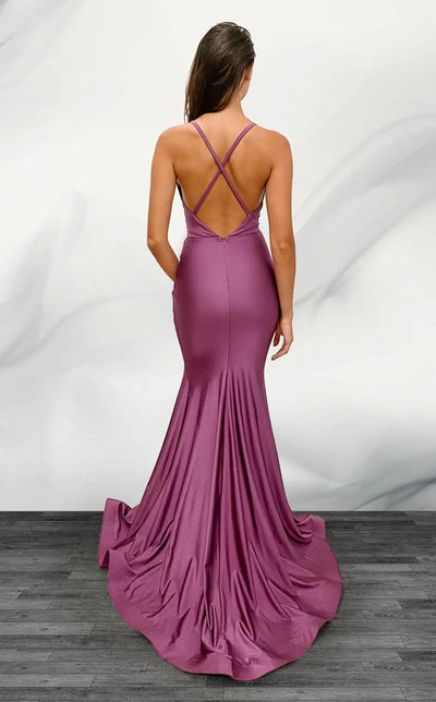 Jessica Angel JA374 V-Neck Spaghetti Strap Fitted High Slit Ruched Jersey Dress