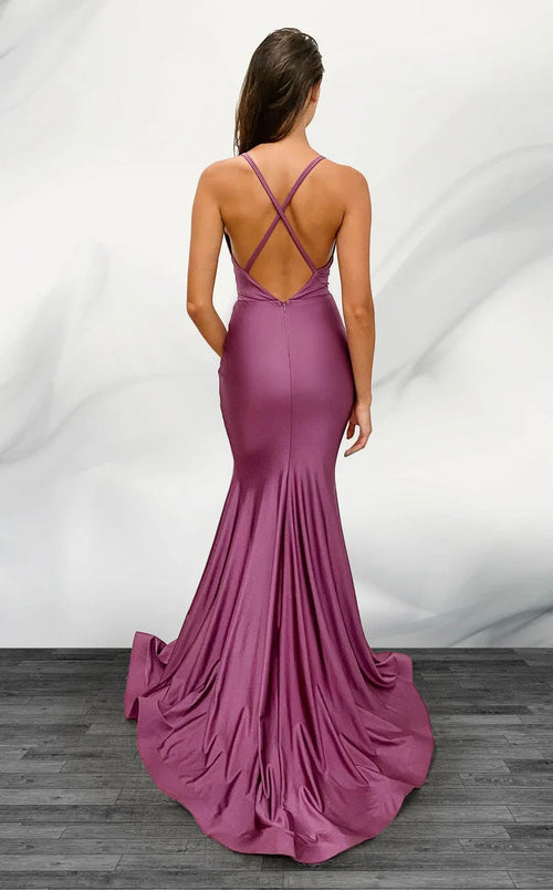 Jessica Angel JA374 V-Neck Spaghetti Strap Fitted High Slit Ruched Jersey Dress