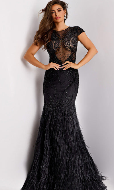Jovani 37542 - Beaded Illusion Bodice Feather Gown