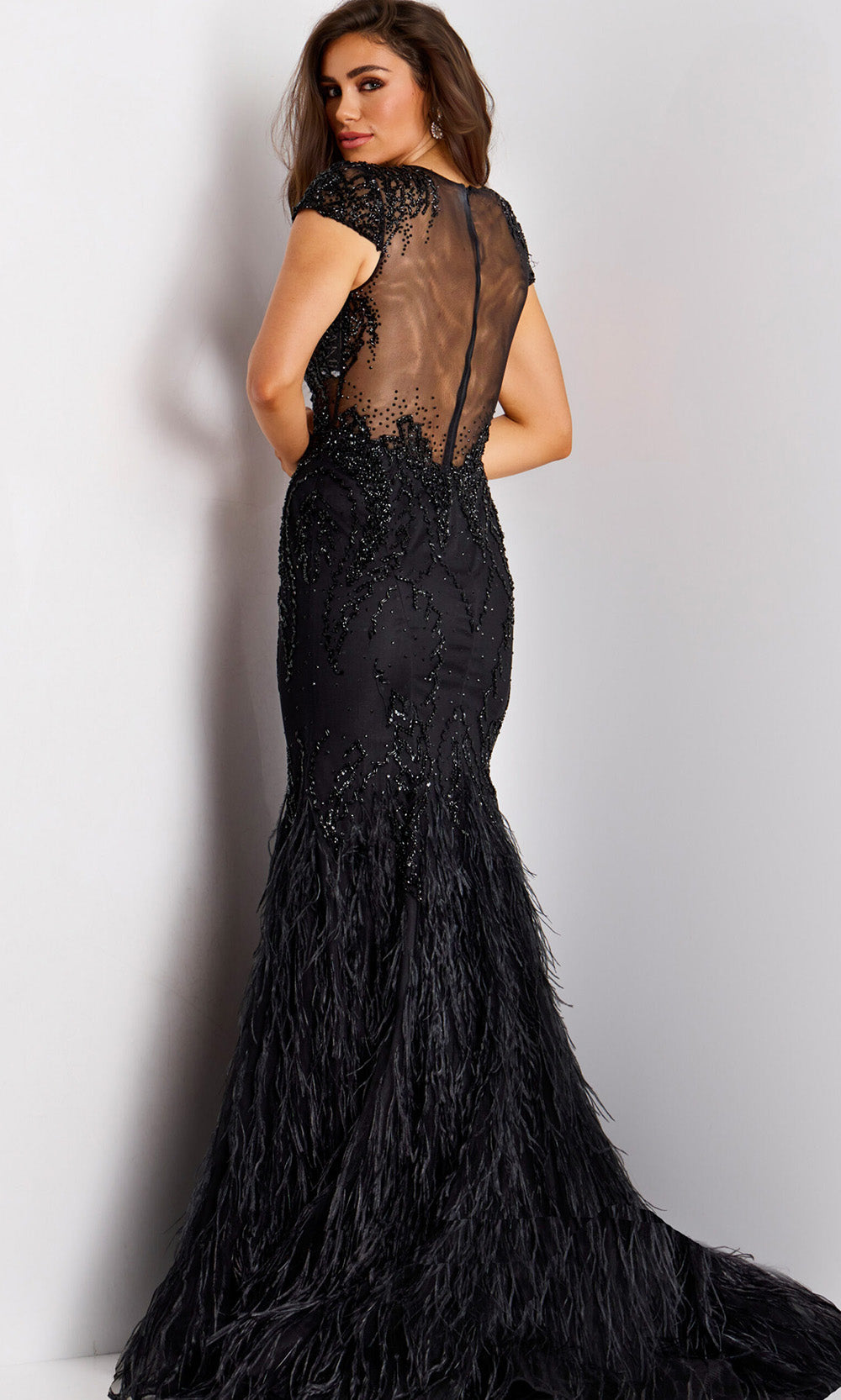 Jovani 37542 - Beaded Illusion Bodice Feather Gown