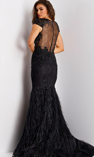 Jovani 37542 - Beaded Illusion Bodice Feather Gown