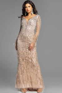 Sequin Feather Evening Gown with Long Sleeves Deep V-Neck Illusion & Floor-Length by Jovani 37552