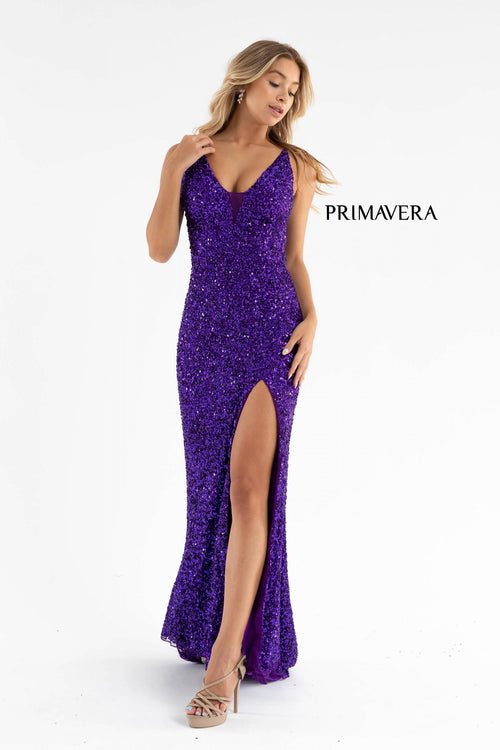Prom Dresses Long Fitted Sequin Formal Slit Prom Gown Purple