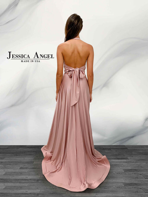 Jessica Angel JA379 Plunging Halter A-Line High Slit Open Back Jersey Dress