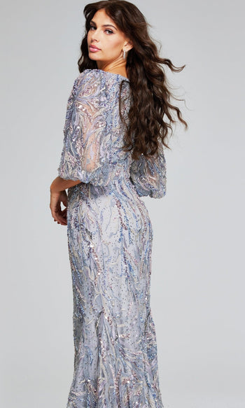 Vestido formal largo gris Jovani 38110: perfecto para graduación, gala o boda.