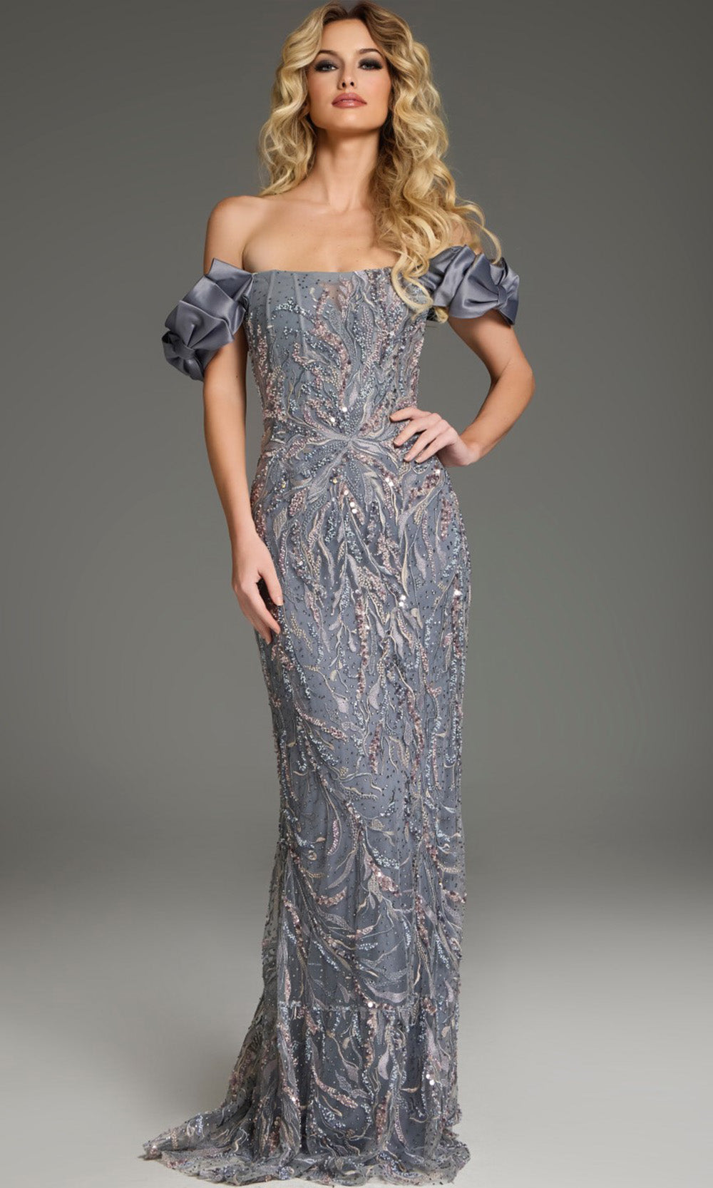 Jovani 38111 - Off Shoulder Bow Sleeve Fitted Gown