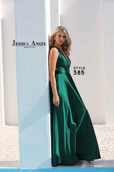 Jessica Angel JA385 Plunging Halter A-Line High Slit Train Jersey Dress