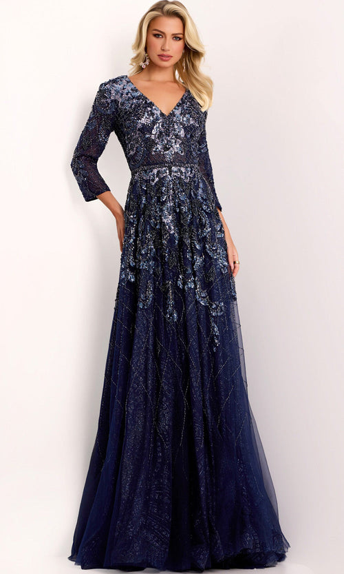 Jovani 38756 - V-Neck Sequin Embroidered Evening Gown