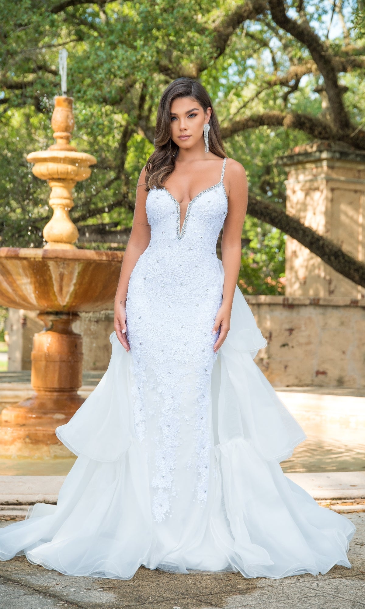Long Fitted V-Neck Overskirt Tiered Skirt Corset Gown 38813 by Ava Presley