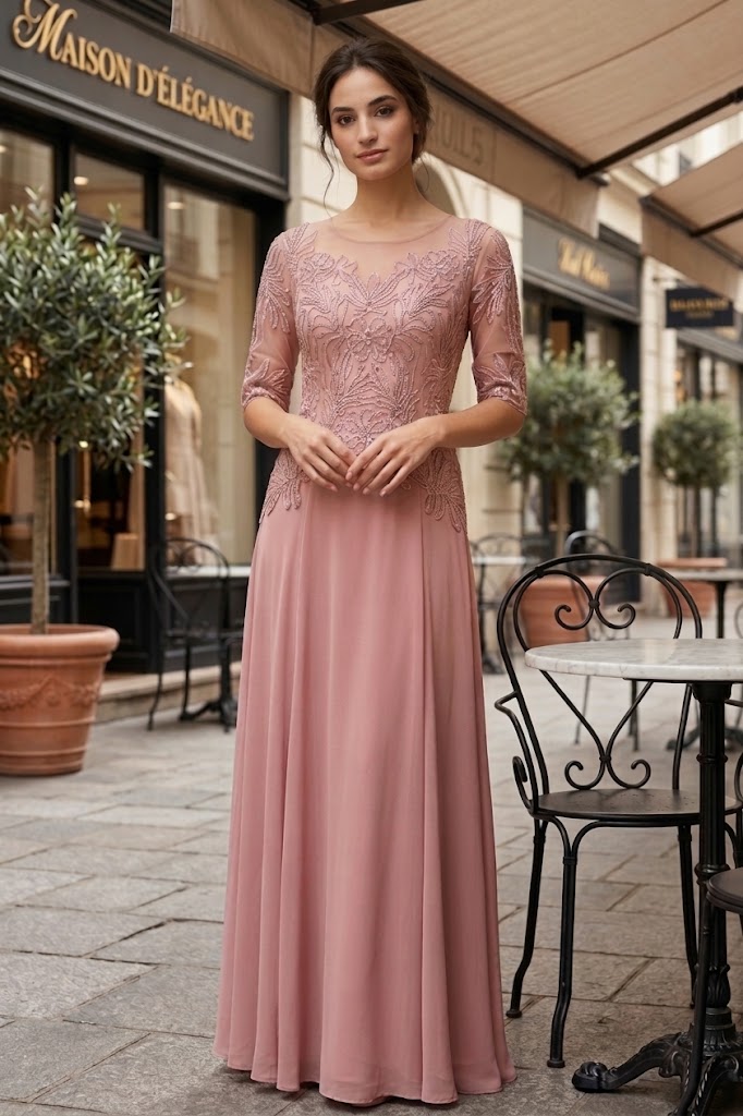 Women’s Long Embellished Formal Dress with Sheer Sleeves and Beaded Lace Bodice By Eva USA 5222