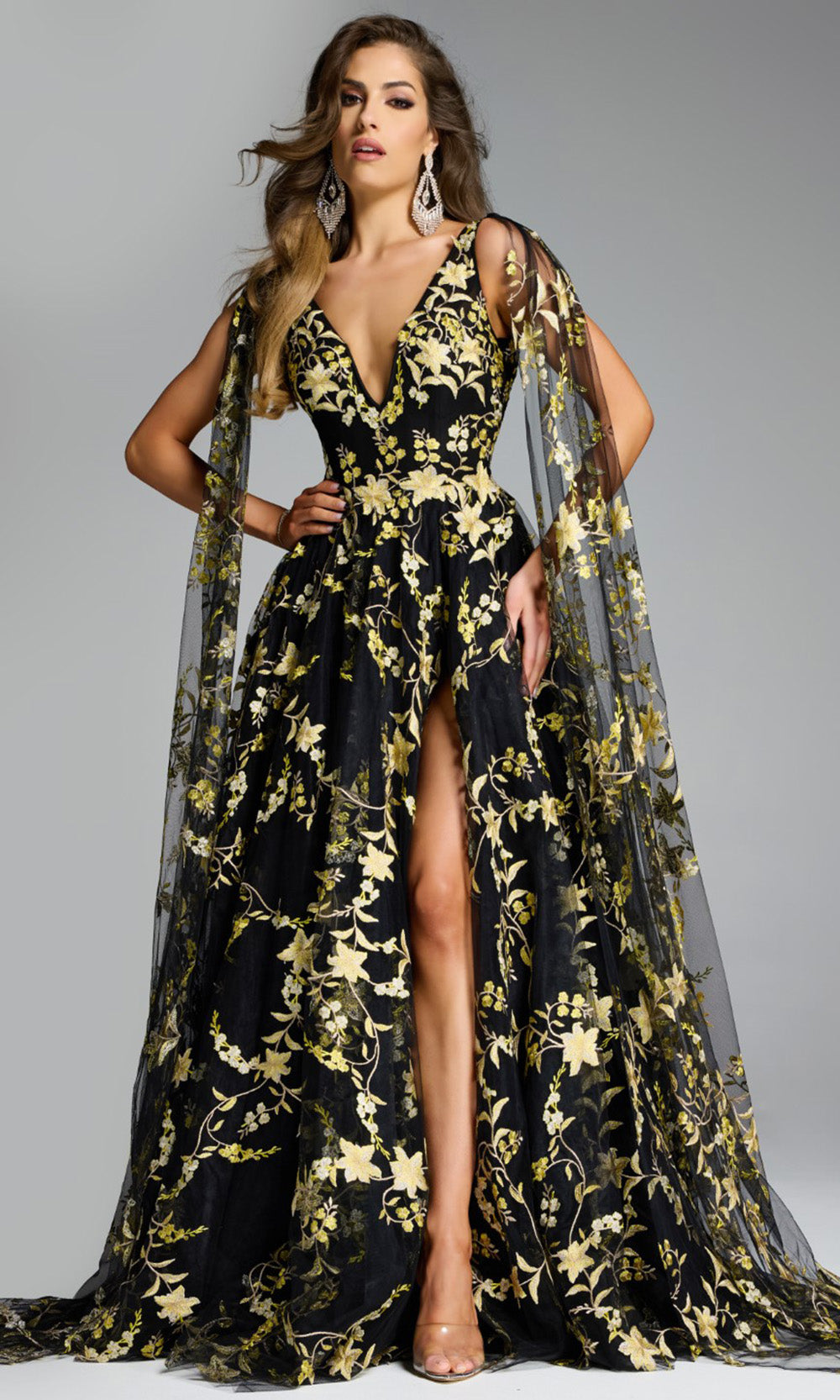 Embroidered Floral Gown with Cape Sleeves by Jovani