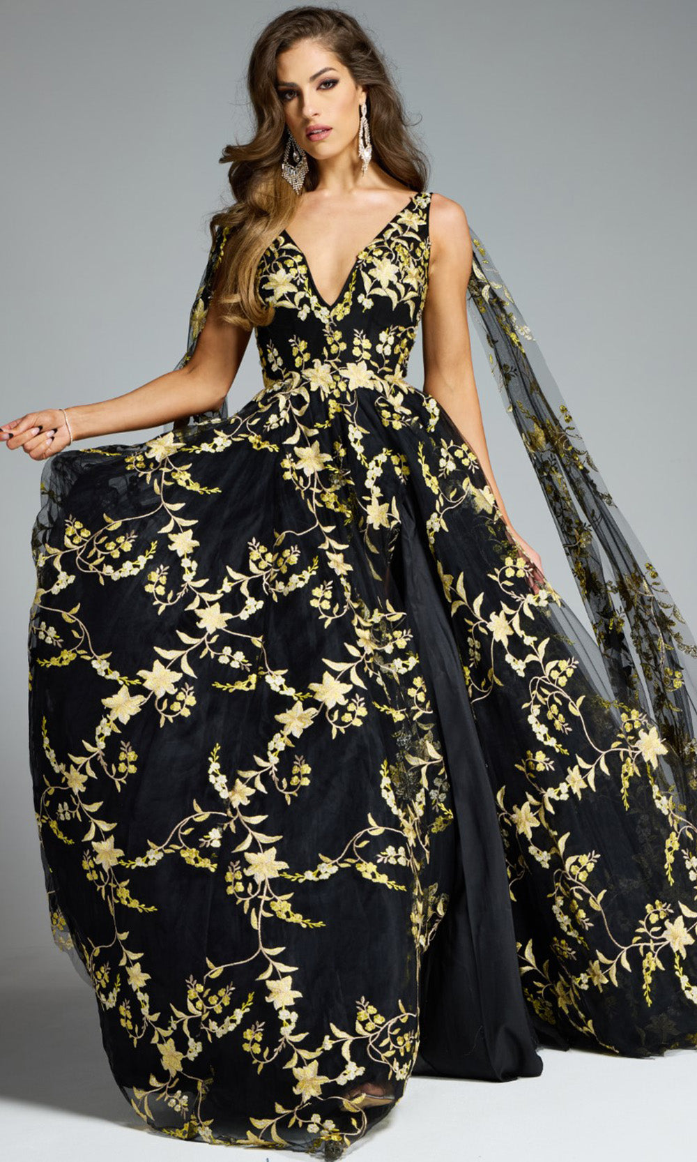 Embroidered Floral Gown with Cape Sleeves by Jovani