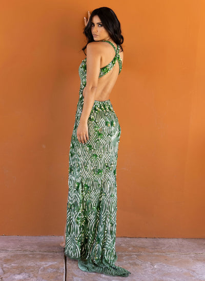 Primavera Couture 3918 Halter V-neck Prom Dress Sequin Slit Evening Gown