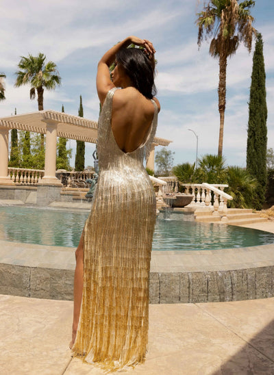Primavera Couture 3919 Beaded Fringes Long Prom Dress