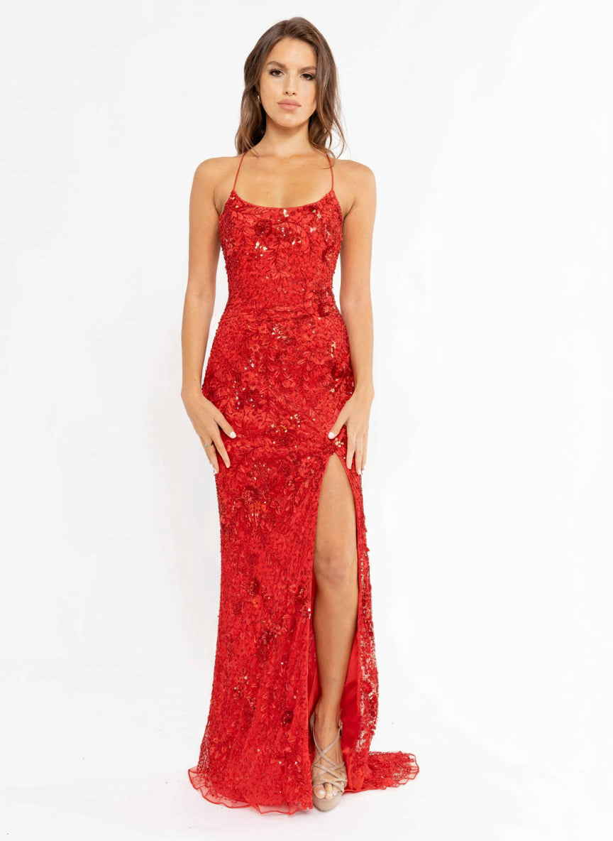 Prom Dresses Long Fitted Sequined Beaded Prom Dress Red