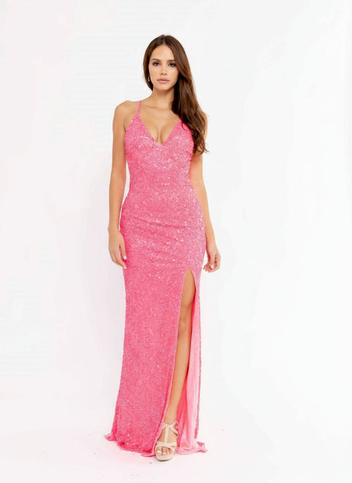 Prom Dresses Long Fitted Sequined Slit Prom Dress Neon Pink