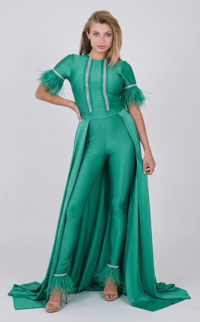Feather Short Sleeve Convertible Formal Jumpsuit with Overskirt by Jessica Angel 917