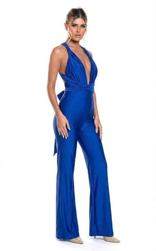 Backless Halter Wide-Leg Plunge-Neck Evening Jumpsuit with Crisscross Back by Jessica Angel 849